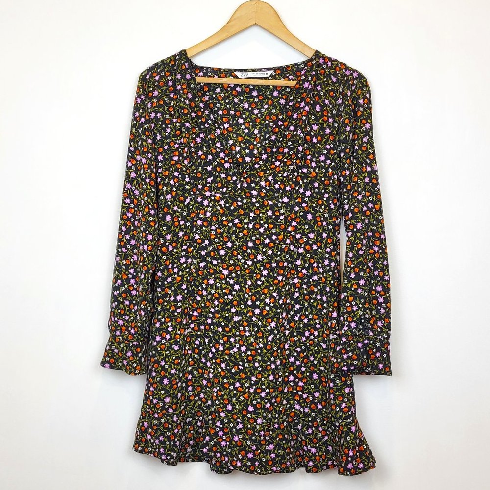 Zara Black Floral Ruffle Hem Long Sleeve Mini Dress, Size Small, EUC